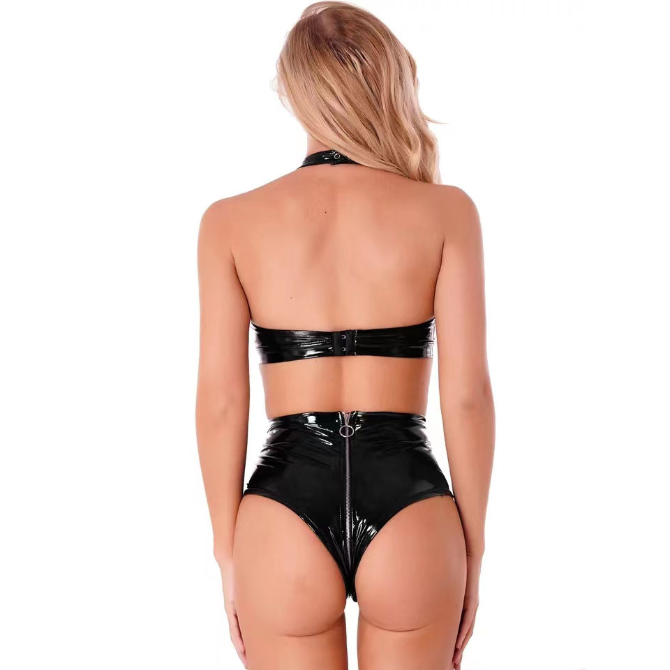 Sexy schwarzes glänzendes Pu-L – Plunge Bra Push Up Bewertung und Preis